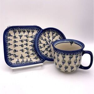 Boleslawiec Hand Painted Polish Pottery Tea Cup w/ Tray Breakfast Set Grapes D14